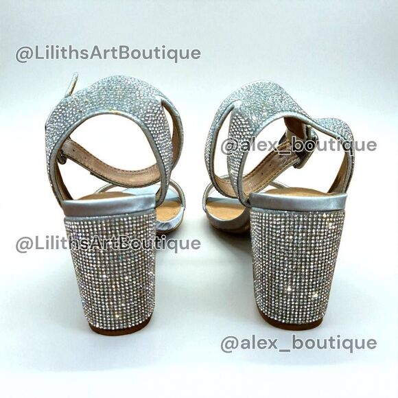 Steve Madden Malia Silver Rhinestone Strappy Chunky Block Heel Sandals(F038) - Picture 8 of 12